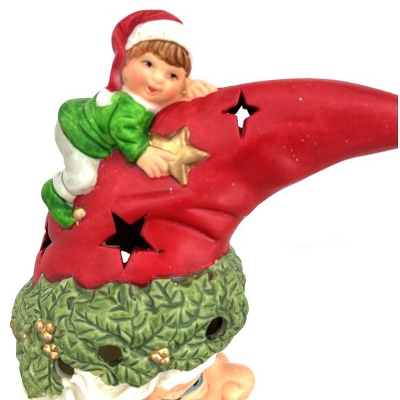 Santa Claus Tealight Holder Ceramic Holiday Christmas Moon Elves 9" Vintage - Picture 2 of 9